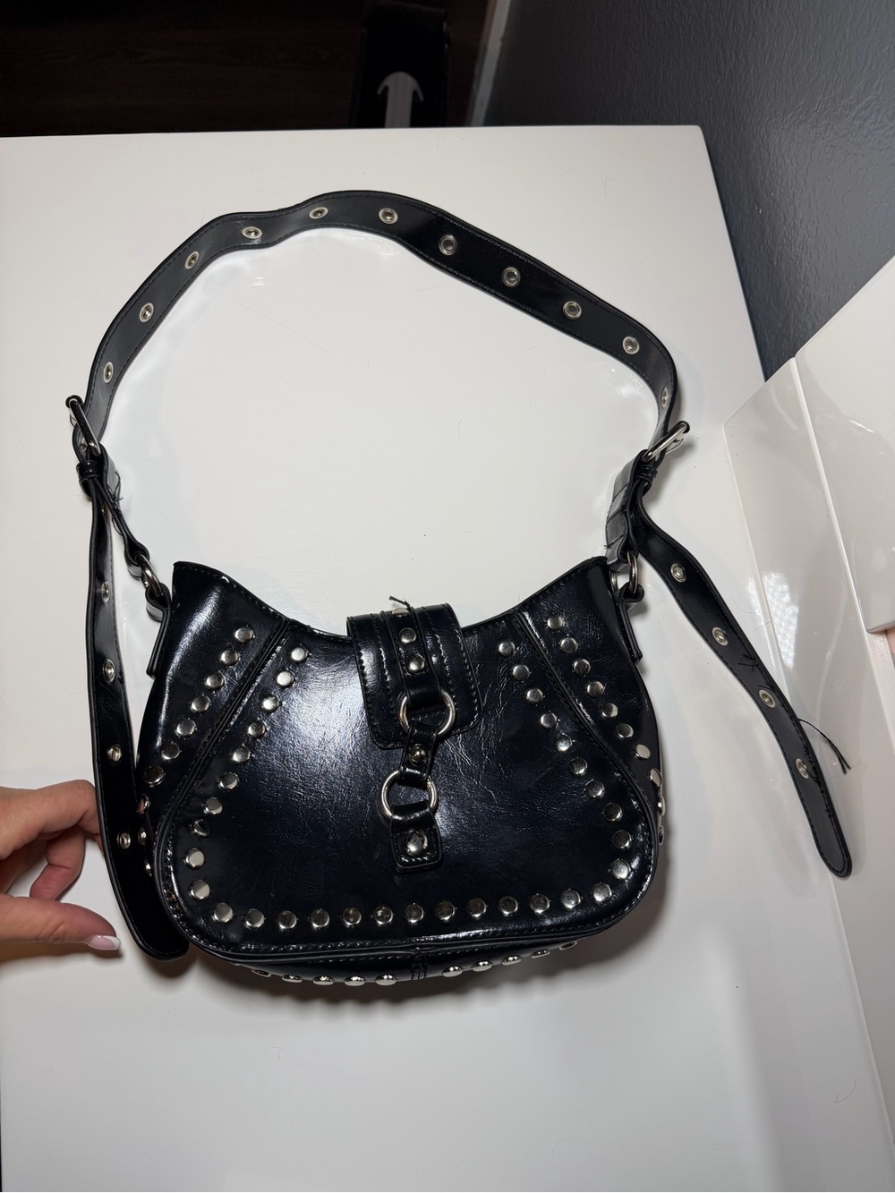 Black Studded Leather Shoulder Bag